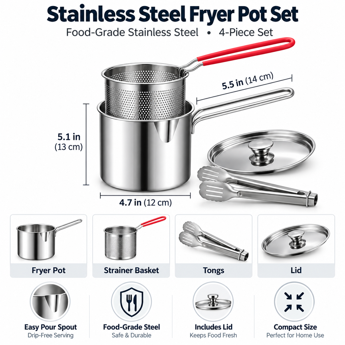 🍳 304 Stainless Steel Fryer –Compact Frying Pot for Fries, Chicken & Tempura